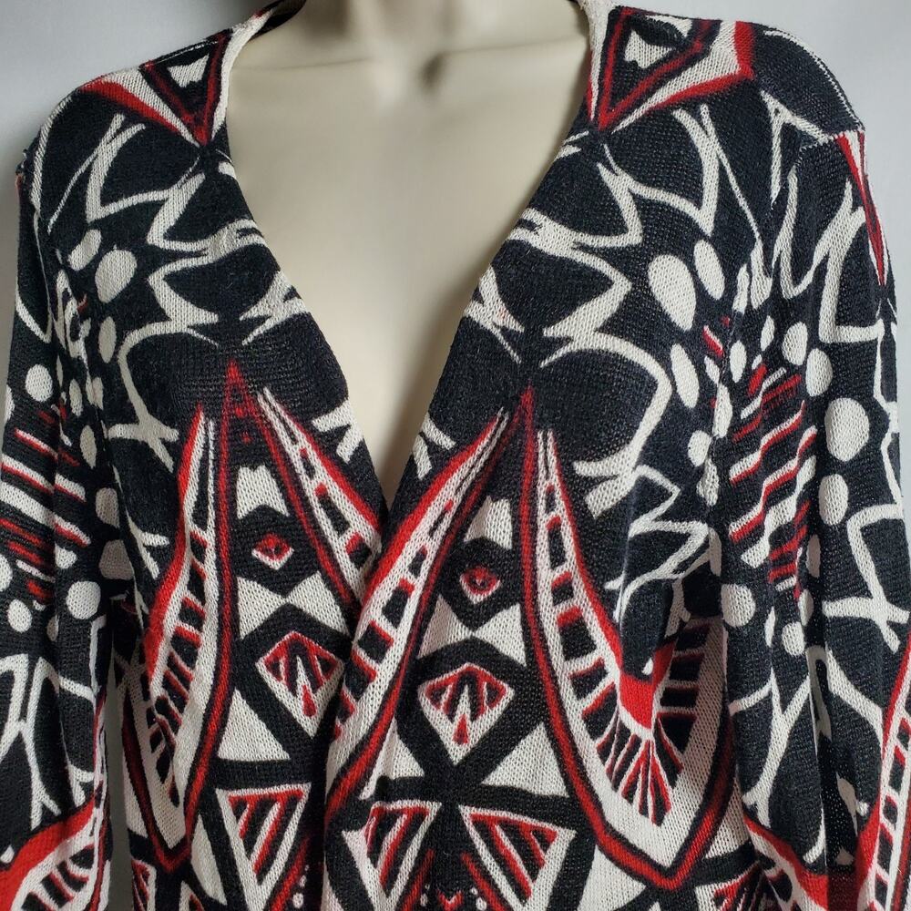 Chico's Size 1 Black Red Geometric Open Front Cardigan